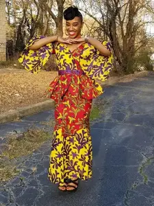 Red Yellow Purple African Print Peplum Top and Skirt-DP3941TS