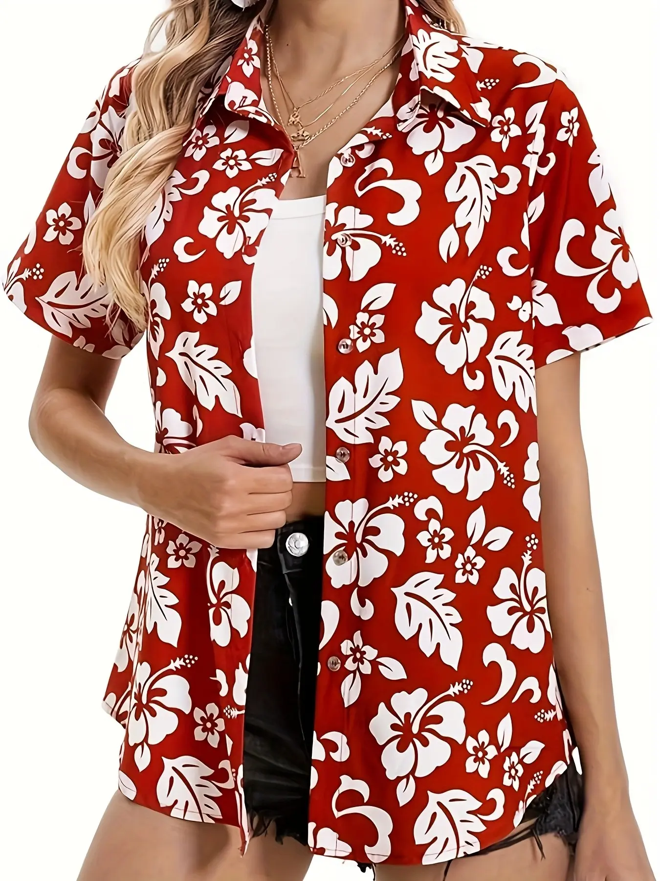 Women's Hawaiian Tropical Floral Button Front Short Sleeve Shirt Blouse, Casual Beach Top, Perfect for Vacation, Travel, Cruise, Summer Wear