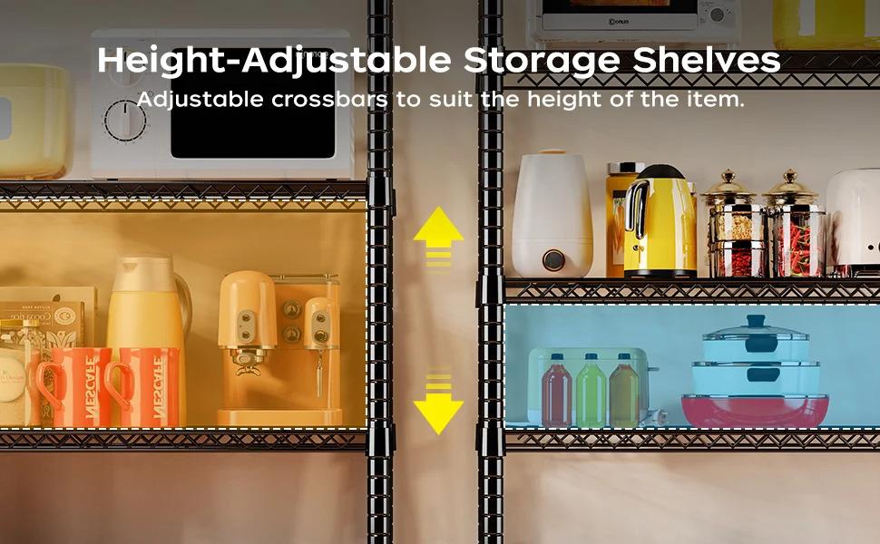 4-Layer Adjustable Utility Storage Rack with Black Anti-Rust Coating Ideal for Pantry/Laundry Room Organization