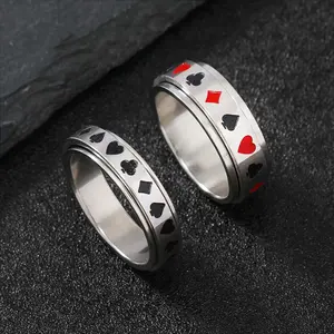 Stainless Steel Rotatable Unzip Playing Card Symbol Ring, Men Women Couple Y2K Personalized Daily Party Jewelry Gift