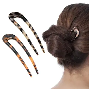 2 Pack  French Style Cellulose Acetate Tortoise Shell U Shaped Hair Pins Fork 2 Prong Updo Chignon Pin for Women Girls Hairstyle Accessories