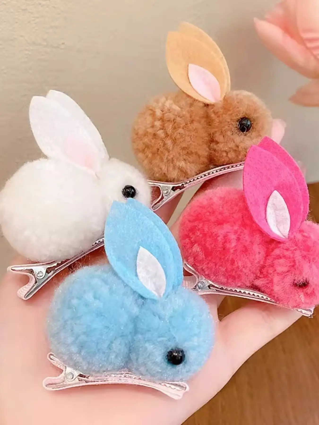 4 Piece Cartoon Bunny Plush Hair Clips Set, Cute Easter Hair Accessories with Anti-Slip Design for Bangs Decoration and School Supplies