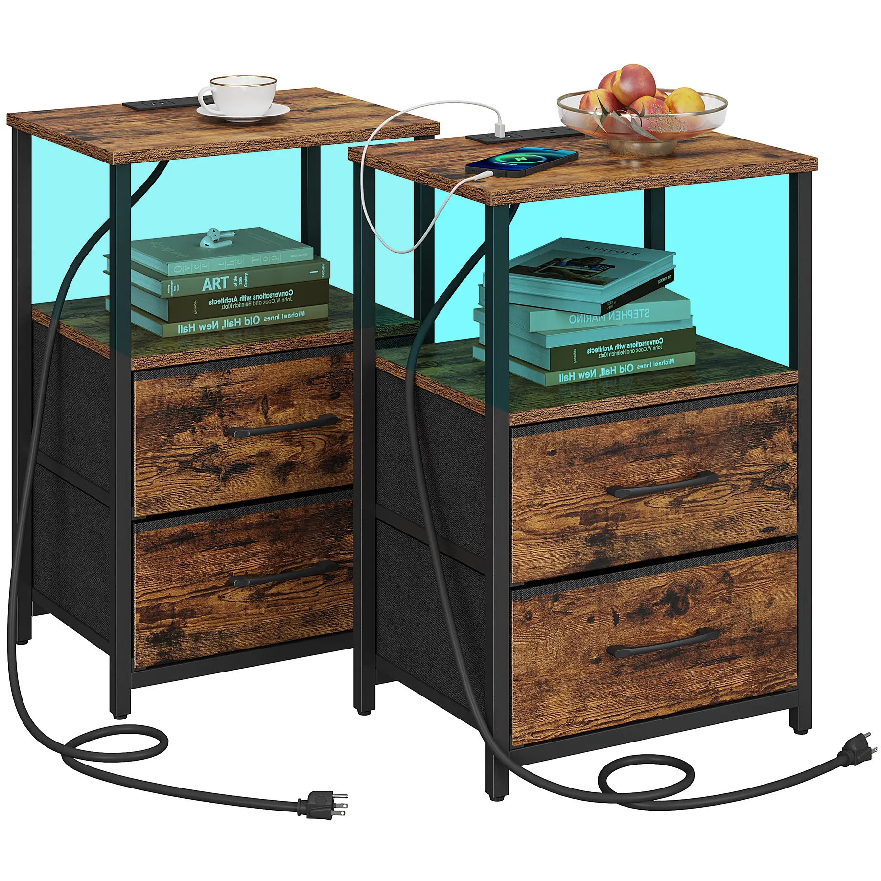 TUTOTAK Pine Wood Night Stand Set of 2 - Indoor Furniture End Tables with Built-In Charging Station, USB+Outlet Charging Port, Nightstand for Bedroom Use