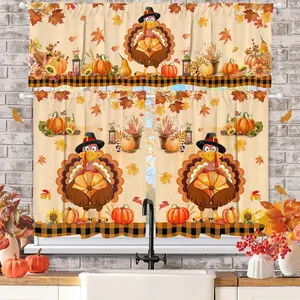 Hexagram Thanksgiving Kitchen Curtains for Windows , Thanksgiving Kitchen Decor Curtains Valance Rod Pocket, Turkey & Pumpkin Curtain for Home Living Room Bedroom