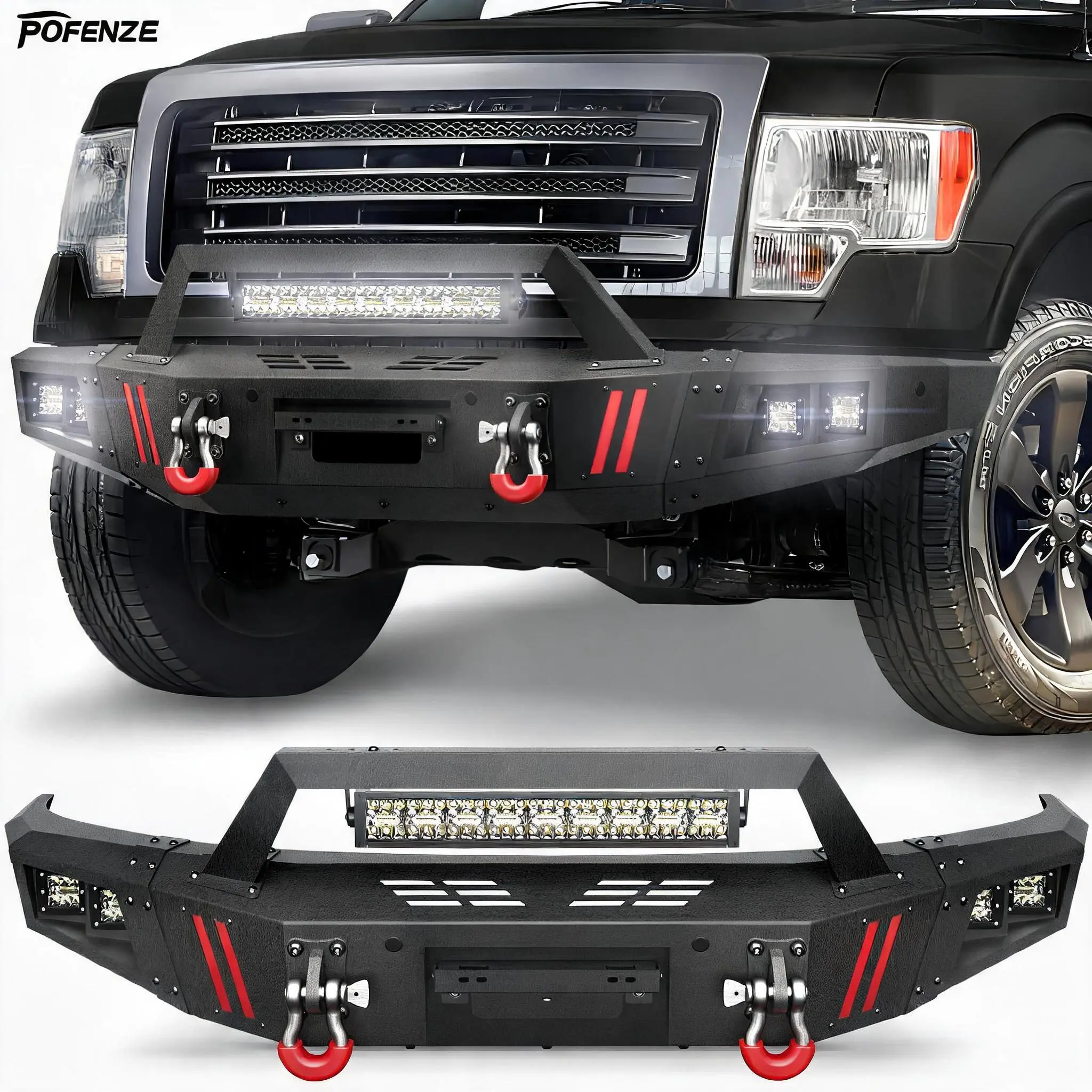 POFENZE Front Bumper Compatible with Ford F-150 2009-2014 | Textured Black Pickup Truck F150 Bumper with Winch Plate, Lights, D-rings, License Plate Bracket (Excluding Raptor)
