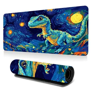 Van Gogh Style Dinosaur Desk Mat Gaming Mouse Pad Starry Night Art Pattern Extended Mouse Pad for Laptop Large Mouse Pad for Desk with Non-Slip Rubber Base Stitched Edges Surface Perfect Gift for Gamers Men Women Home Office Desk Accessories