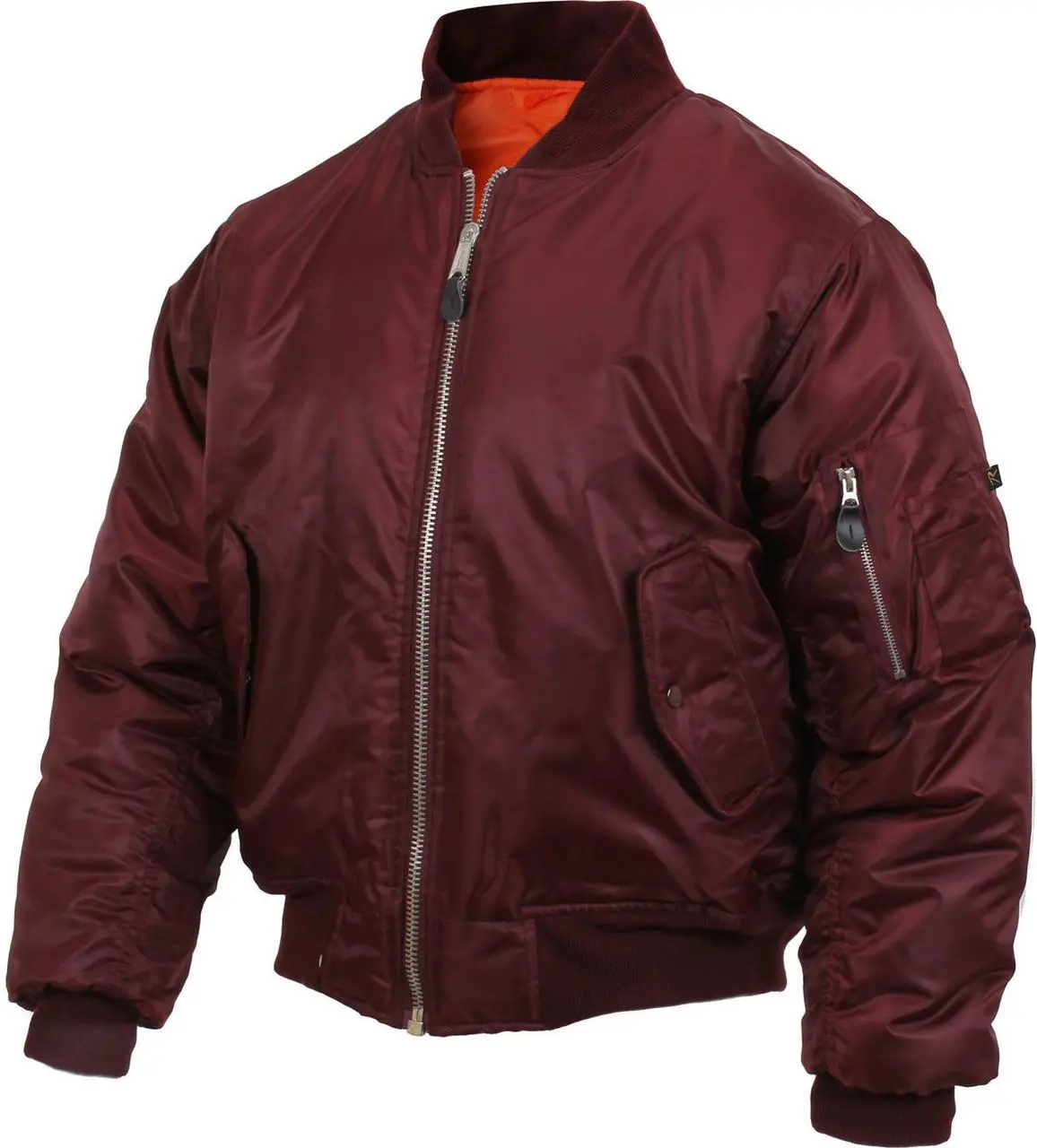 Men's Tactical MA-1 Bomber Jacket in Maroon - Reversible Orange Lined Nylon Flight Jacket with Elastic Cuffs, Menswear, Long Sleeve, Tops, Casual, Pocket, Replica