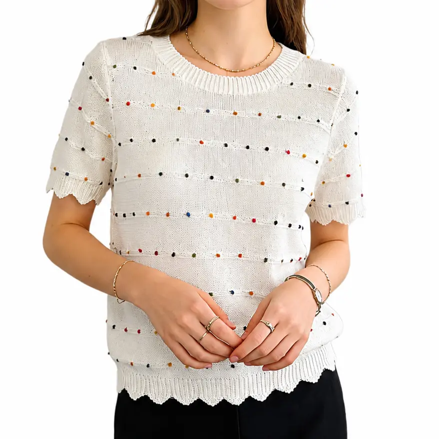 Chouyatou Women's Basic White Short-Sleeve Blouse, Comfortable Casual Style with Colorful Speckled Lace Round Neckline (Pair with Jeans, Skirts, Shorts), Shortsleeve, Everyday, Cute Tops For Women, Lady, Blouse Shirt, Sweet
