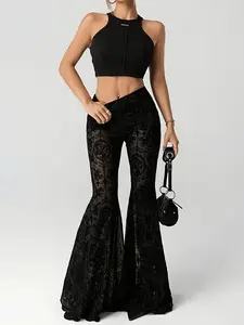 Velvet Mesh Flare Pants for Women, High Waist Slimming Summer Thin Style, Designed Unisex Mesh Long Pants