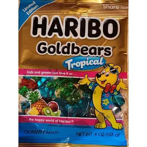 New Limited Edition Haribo Goldbears Gummi Bears Tropical Flavors: Pineapple, Kiwi, Passion Fruit, Paradise Punch. 4oz Share Size