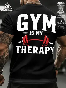 Men's 'gym Is My Therapy' Graphic T-Shirt, Breathable Quick-Dry Mesh Fabric, Fitted H-Type, Ideal for Gym, Streetwear, Daily Wear, Fitness T Shirt