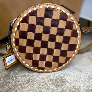 Brown Checkered Tooled Leather Round Crossbody Bag “canteen”