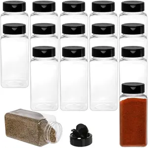 16 Pack 17 Fluid Oz Clear Plastic Spice Jars Spice Containers Spice Bottles Seasoning Organizer with Black Lids Kitchen Square Utensils Bpa