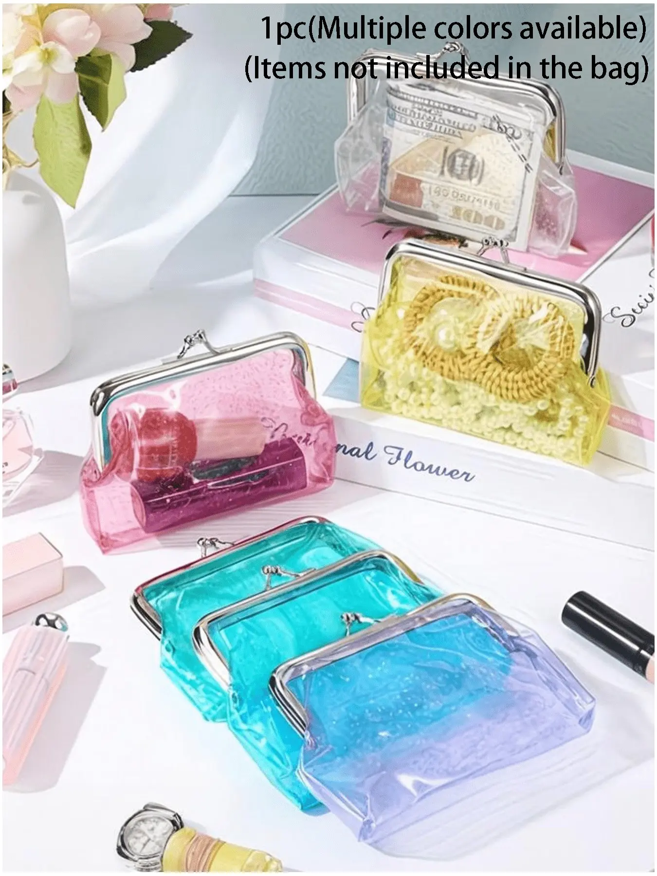 Fashionable Transparent PVC Coin Purse, Multicolor Glitter Star Pattern, Zipper Pouch with Beaded Charm, Sparkly Mini Change Bag, Zipper Pouch Wallet, Money Bags with Zipper