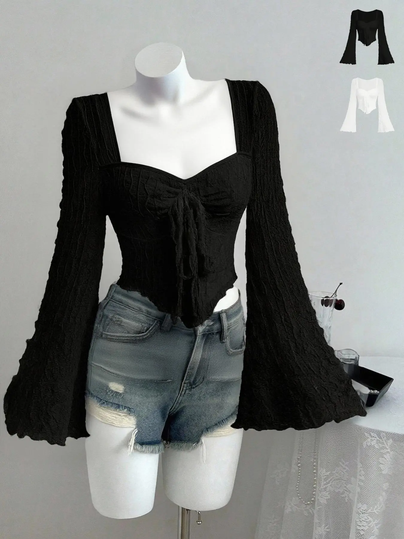 Square-neck ruffled bell-sleeve shirt, Tie-front blouse with exposed midriff top, Casual Pure texture fabric, pleated details, double-layered fabric, lace design, soft and comfortable inner layer #SoftGirlVibes, #Y2KRevival. #Valentine's Day
