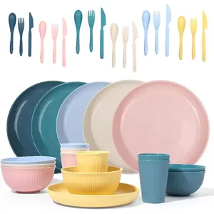 Wheat Straw Dinnerware Sets -36 Piece Unbreakable Dinnerware Sets for 6, Wheat Straw Plates and Bowls Set, Lightweight Camping Plates Cups and Bowls Set.Dishwasher Microwave Safe Dinnerware