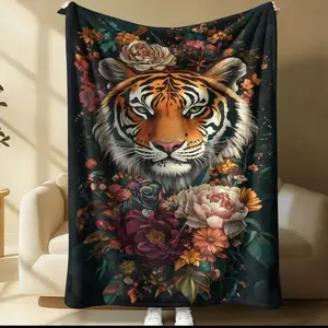 Tiger Floral Pattern Blanket, 1 Soft, Warm And Lightweight Single-Sided Printed Plush Blanket, Suitable For Bed, Sofa, Car, Room Decoration