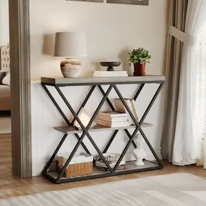 Garvee 39" Entryway Table - 3 Tier Narrow Console Sofa Table with Storage Shelf, X-Shaped Metal Frame, Industrial Accent Tables for Living Room Hallway, Foyer - Grey