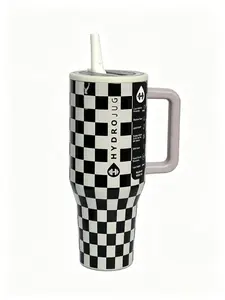 HydroJug 40oz Insulated Tumbler - Black & White Checkerboard Print Stainless Steel Cup with Handle & Straw, Leak-Proof, Keeps Drinks Cold 24 Hours outdoorfun