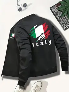 Men's Italian Flag Zipper Jacket, Sporty Casual Stand Collar Coat, Geometric Design, Vibrant Stripes, Fall Winter Outdoor Wear