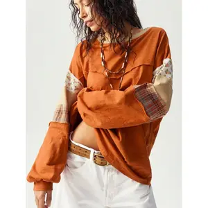 Casual Knitted Patchwork Round Neck Long Sleeve Loose T-Shirt For Women Cotton Fabric