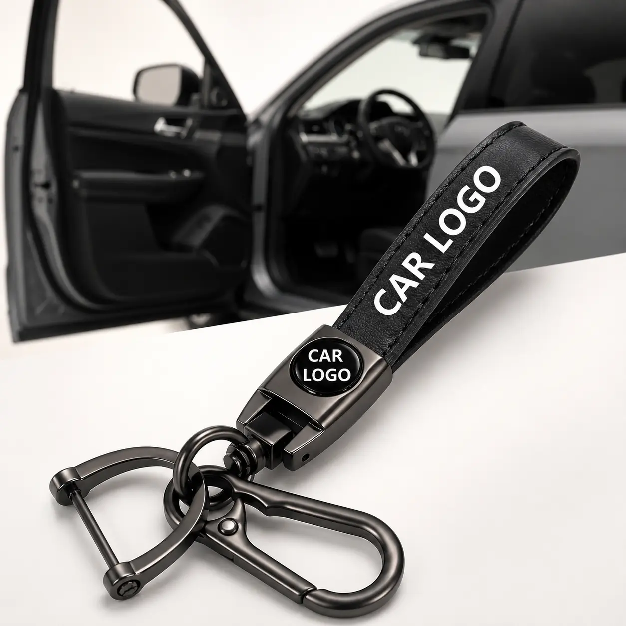 Car Key Holder with Leather Wrist Strap, 360° Swivel Key Ring and Quick Release Carabiner