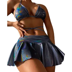 3 Piece Triangle Swimsuits for Women Metallic Bikini Sets Thong Bathing Suit with Beach Skirt Sexy Festival Rave Outfits