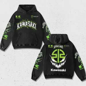 Retro Kawasaki x Monster Hoodie Washed, Kawi Ninja Racing Pullover, Monster Energy Merch, Green Thorns Graphic Apparel, Venom Teeth Dragon Sleeve Long Outfit, Vintage Biker Motorsport Outerwear, Men Women Heavyweight Oversized Black Vintage Clothing
