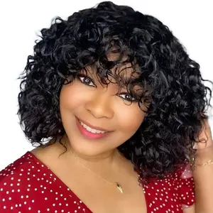 short water wave wig with bangs 100 percent human hair no lace front wigs wet and wavy glueless human hair wig for black women 12 inch natural black