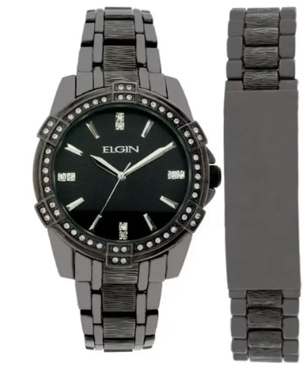 Elgin Men's Analog Quartz Watch, Gun Metal Band and Case, 2 Piece Set (FG10009GNST)