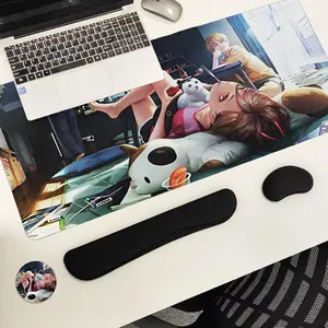Anime Style Office Accessories Set, 4 Counts Including Mouse Pad & Keyboard Wrist Rest & Ergonomic Mouse Pad & Coaster, Desktop Decoration