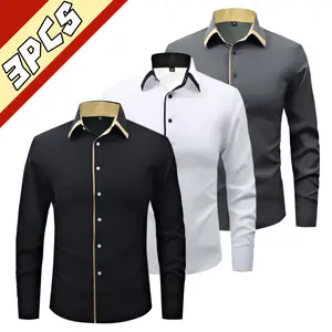 Men’s light luxury business long-sleeve shirt featuring contrast piping at the collar and placket, crafted from a smooth, drapey fabric. Versatile three-piece set suitable for everyday wear, casual outings, and parties.