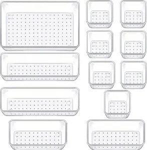 Drawer Organizers Set of 10, 4 Sizes Clear Plastic Drawer Organizers and Storage Bins for Kitchen, Bathroom, Office, Dresser Desk Drawer Organizer Tray Jewelry, Makeup, Junk, Gadgets decorative storage makeupcontainer