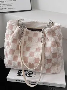 Women's Large Capacity Casual Commuter Tote Bag, Fashion Plaid Pattern Handbag, New Fall Winter Faux Fur Handbag, Fashionable Patterned Bag, Daily Fashion Choice