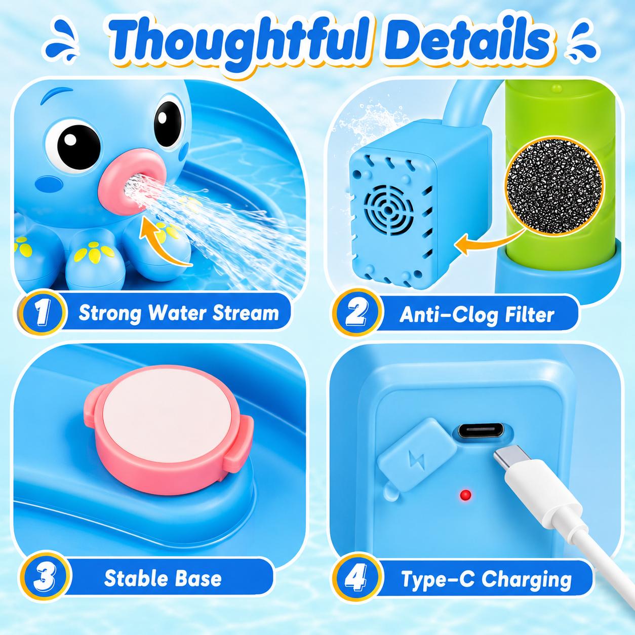 Octopus Water Pump for Step2 Water Table — Fits Rain Showers, Unicorn & Most Brands | 6L/Min Strong Flow, 3-Hour Rechargeable Battery | No-Drill 60s Install, Ultra Quiet 45dB | Toddler Outdoor Water Play Toy Accessories (Pump Only) Blue