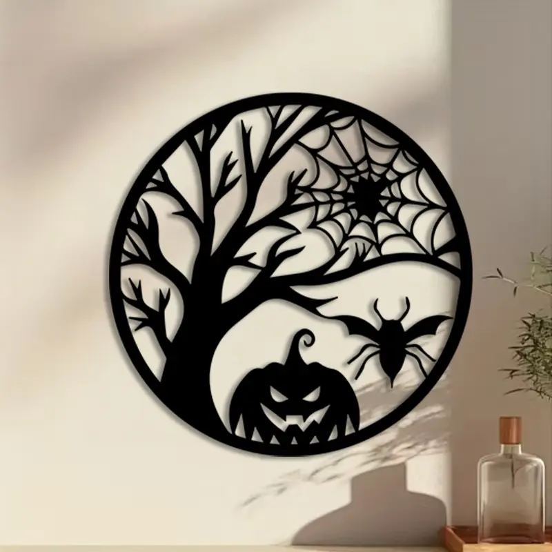 1pc Spooky Spider Web and Jack - o - Lantern Metal Wall Art, Spooky Spider Web and Jack - o - Lantern Statue Mural, Perfect for Indoor/Outdoor, Home, Patio Decor, Halloween Decor, Ideal Gift for Halloween Enthusiasts Halloween Christmas decorations
