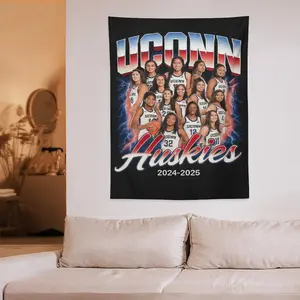 UConn Huskies Women's Basketball Tapestry, 2024-2025 Team Graphic Wall Hanging, Vintage 90s Bootleg Style Sports Poster, Black Metal Aesthetic Basketball Decor, UConn Huskies Fan Cave Essential