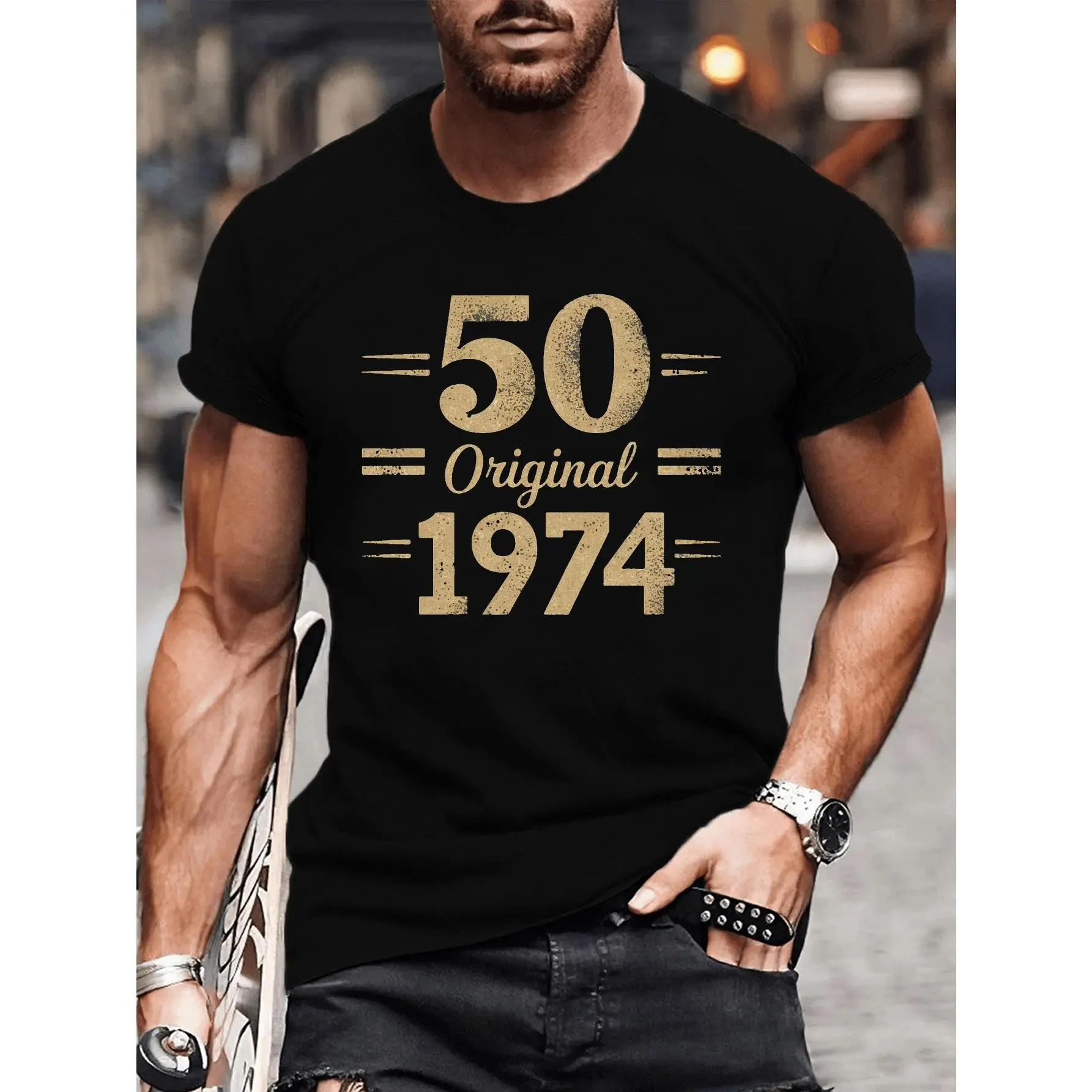 Men's Vintage 1974 50th Birthday T-Shirt - Casual Polyester Crew Neck Tee with Slight Stretch, Geometric Print, Summer Knit Fabric Top, Regular Fit