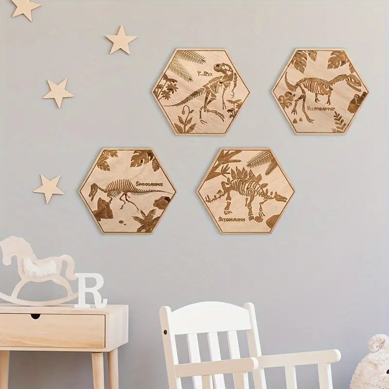 4 Piece Set Dinosaur Wall Decorations, Wooden Dinosaur Wall Art for Boys' Playroom Bedroom Classroom Decoration Dinosaur Design