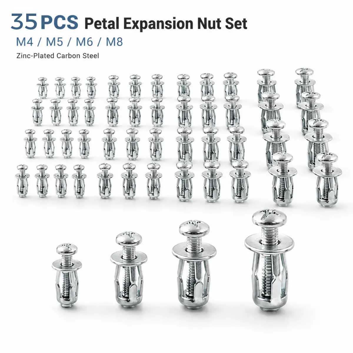 Zinc-Plated Carbon Steel Petal Expansion Nut & Screw Set (M4, M5, M6, M8) - Wide Gripping Area Jack Nuts for Automotive Panels, Home Repairs, Garage Projects, Aluminum Frames - 35PCS/70PCS Car Body Repair Tools