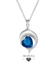 18k White Gold Plated Dolphin Blue Heart CZ Birthstone Necklace for Women, Dainty Dolphin Necklace, Christmas Jewelry Gift for Animal Lover Daughter Wife