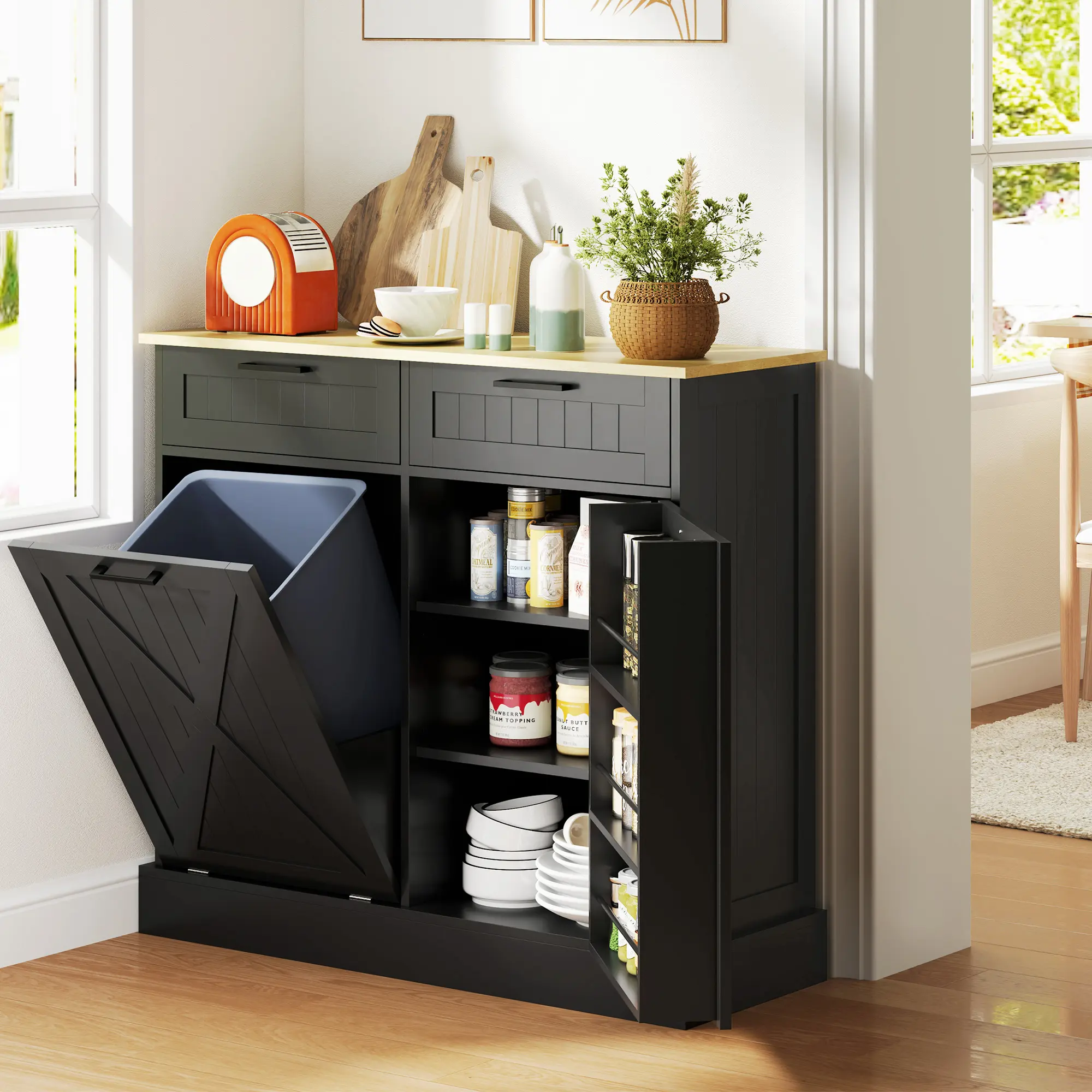 10-Gal Black Farmhouse Kitchen Floor Cabinet - Freestanding Cupboard with Hidden Tilt-Out Trash Can, 2 Storage Drawers - Organizes Utensils & Cleaning Supplies