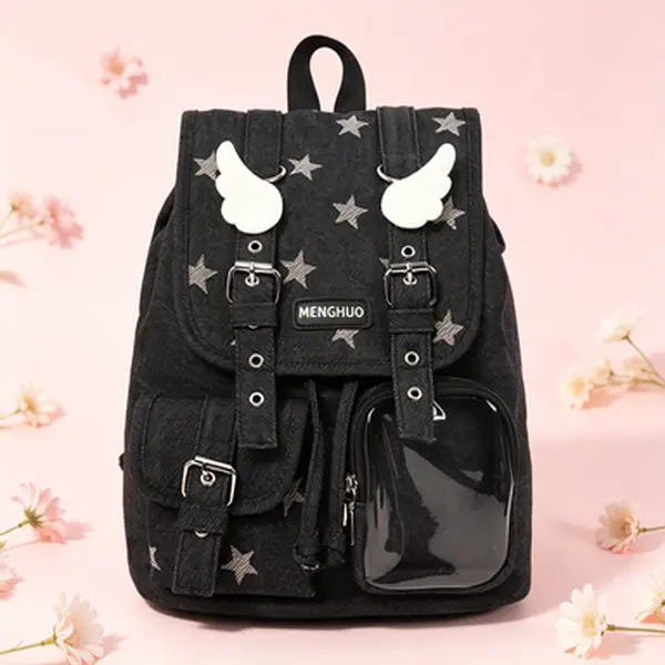 Kawaii Angel Wing Decor Star Denim Ita Backpack, Drawstring Flap Casual Fashion Shoulder Bag