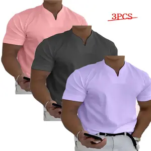 3pcs Men's Summer V-Neck T-Shirts - Breathable, Comfortable Short Sleeve Tops in Solid Colors (Pink, Gray, Purple) for Casual Wear, Beach Outings & Everyday Style, T Shirt, Outdoor Clothing, Versatile Fashion, Breathable Fabric shirt