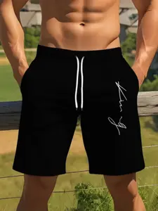 Men's Short Pants Simple Color New Design Logo, Casual Geometric Pattern, Drawstring Waist, Fitted Drop Waist, Home Wear, Drawstring Shorts