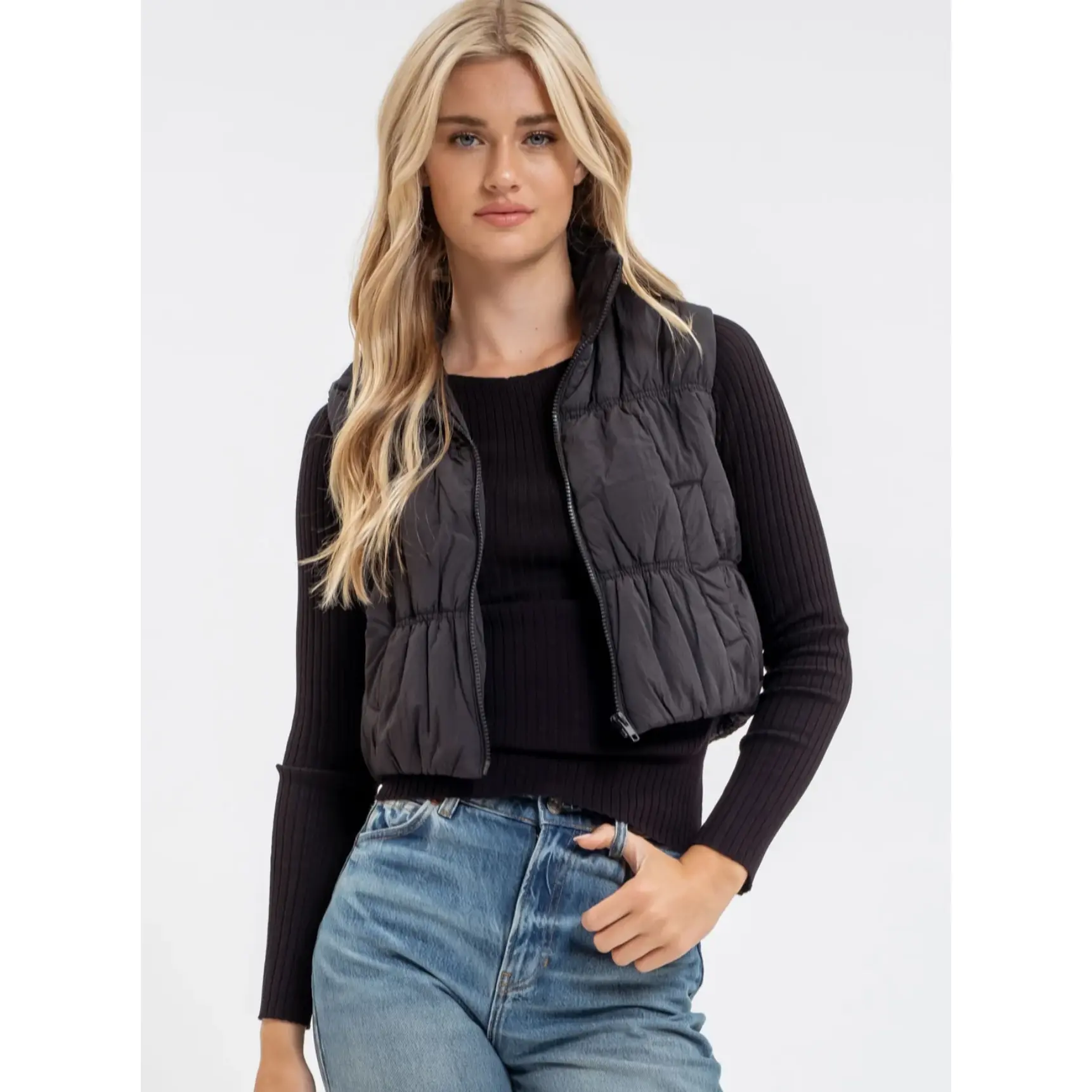 CROPPED PUFFER VEST|BLACK