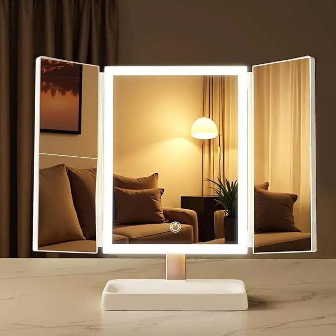 Glam Geometric Square LED Illuminated Cosmetic Mirror, Foldable Rechargeable Large Lighted Tabletop Mirror, 1x/2x/3x Magnification, Dimming Function, 3 LED Color Modes, 4H Cordless Portable Home Decor - Ideal Valentine's Gift for Women, Led Cosmetic Mirro
