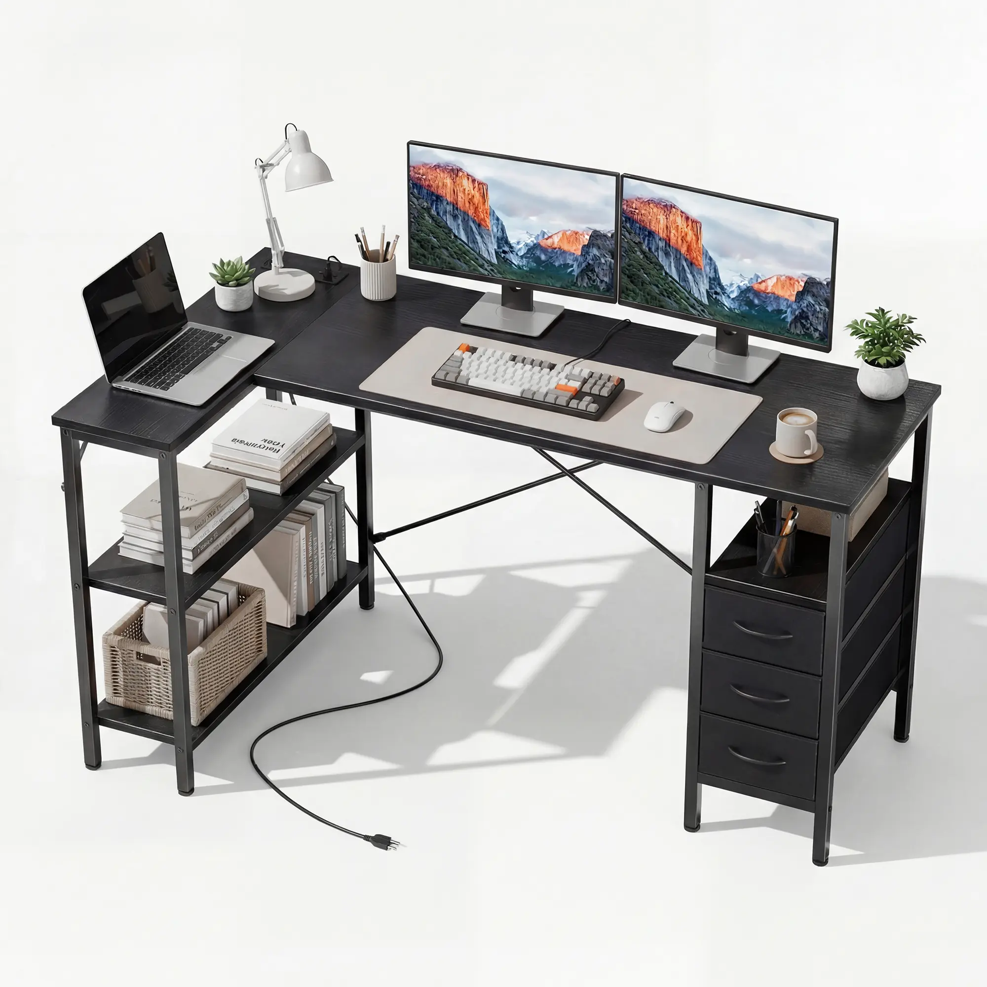 Modern Durable L,Shaped Corner Gaming Desk, Home Office Furniture with Built,In Armoires, Drawers, Adjustable & Fixed Shelves, Power Outlet, 198 lbs Capacity for Apartment Workstations, Gaming Desks