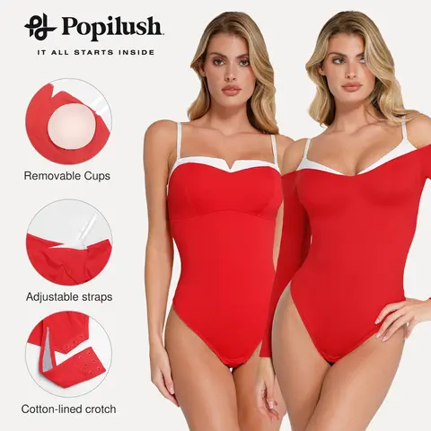 The Popilush Long Sleeve Cold Shoulder Shapewear Bodysuit