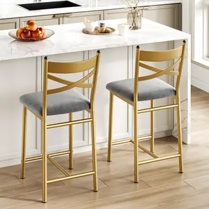 Garvee 26" Counter Height Bar Stools Set of 2 with PU Upholstered Seats, Metal Frame, X-Design Back, and Footrest for Kitchen Island, Counter Bar, and Dining Room in Gold